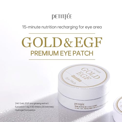 Petitfee Premium Gold & EGF Eye Patch 60pcs (30pairs) - 24k Gold, EGF, Ginseng, Caviar Extract for Nourishing Under Eye, Firming, Smoother Eye Area, Skin Soothing, Rejuvenating