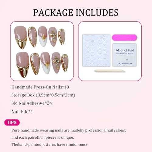 Handmade Press on Nails Golden French Tip Medium Almond False Nails Luxury 3D Metallic Rhinestones Design Muti-Layer Gel Thickened Acrylic Nail Full Cover Stick on Nails for Women (S)