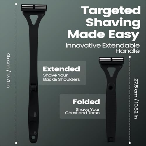 Back Shavers for Men with Foldable Long Ergonomic Handle: DIY Hair Shaver, Replaceable Safety Blade & Portable Razor Groomer for Men, Wet & Dry Shaving - Black (8PCS Blades Included)