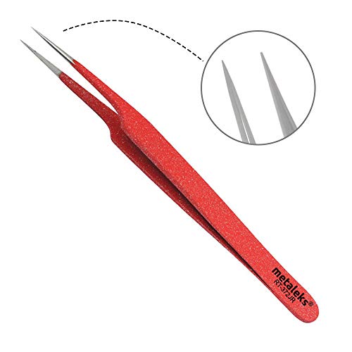 Tweezers for Eyelash Extension Hand Crafted Surgical Stainless Steel Red Metallic Powder Coating. (Oblique Tip)