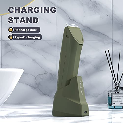 MANSPOT Manscape Trimmer for Men Ball/Pubic/Groin, Electric Body Hair Trimmer, Replaceable Ceramic Blade Heads,Waterproof for Wet/Dry Use,Standing Recharge Dock,90 Minutes Shaving After Charged(Green)