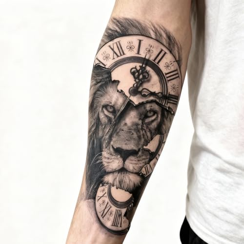 2 Sheets Realistic Animal Temporary Tattoos Stickers Black Clock Lion Designs For Men Waterproof Arm Leg Fake Body Art, Gym & Parties Bold Masculine Decals