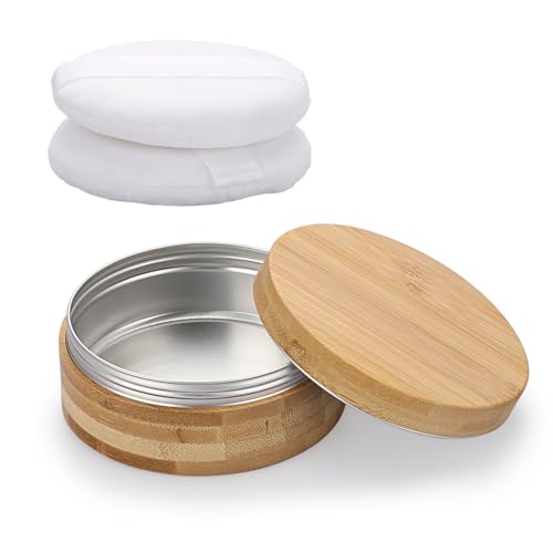 ELLDOO Body Powder Puff and Container, 10oz Empty Bamboo Case with Aluminum Inner Jar, Travel Loose Dusting Powder Storage Box with 2pcs Powder Puffs for Baby Women