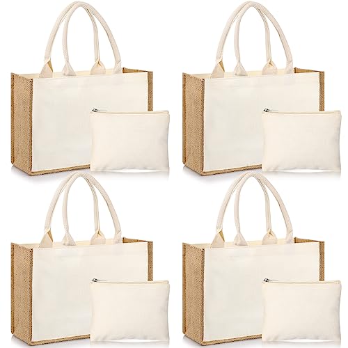 Sweetude 4 Set Jute Burlap Tote Bag with Canvas Makeup Pouch Reusable DIY Craft Blank Gift Bags for Wedding Bridesmaid(Beige)