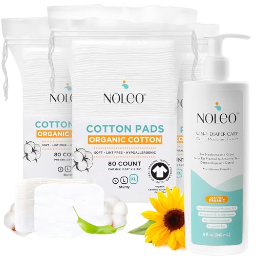Noleo Organic Cotton Pads with 3-in-1 Diaper Care - 240ct Extra Large & Pressed Cotton Squares 3.54x4.33in Pads - 8oz All in One Baby Cleanser, Baby Lotion & Diaper Rash Cream