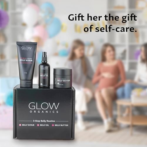 Glow Organics Stretch Mark Cream Belly Butter, Scrub and Oil, 3-Step Pregnancy Skin Care Kit, Belly Butter for Stretch Marks, Organic, Pregnancy & Baby Registry Must Haves, Mother To Be Gift.