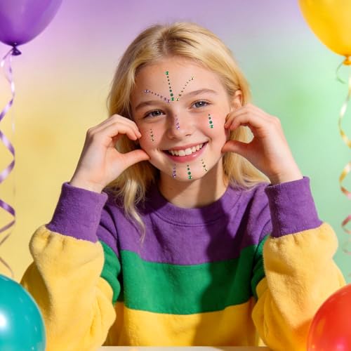 Mardi Gras Face Gems Self-Adhesive Face Jewels Stickers for Makeup, Green Purple Gold Festival Glitter for Mardi Gras Rave Accessories Hair Gems, Rhinestone Stickers for Face, Eye, Makeup, Body