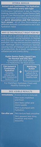 L'Oreal Paris Skincare Hydra Genius Daily Liquid Care Oil-Free Face Moisturizer for Normal to Oily Skin, Hyaluronic Acid Moisturizer for Face with Aloe Water and Hyaluronic Acid, 3.04 fl. oz.