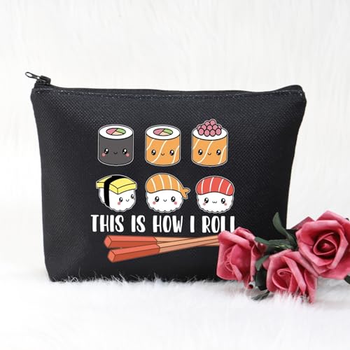 POFULL Sushi Lover Gift This Is How I Roll Cosmetic Bag Sushi Party Gift Japanese Cuisine Sushi Lover Gift (Black Sushi Bag)