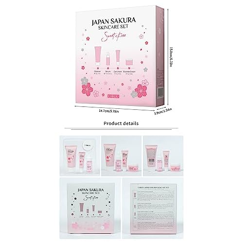 Travel Skincare Kit - Sakura Gentle Korean Skin Care Set for Teen Girls & Women | Hydrating Cleanser, Anti-Aging Serum, Moisturizer, Eye Cream - Radiant Skin Mini Holiday Box Gift (4PC)