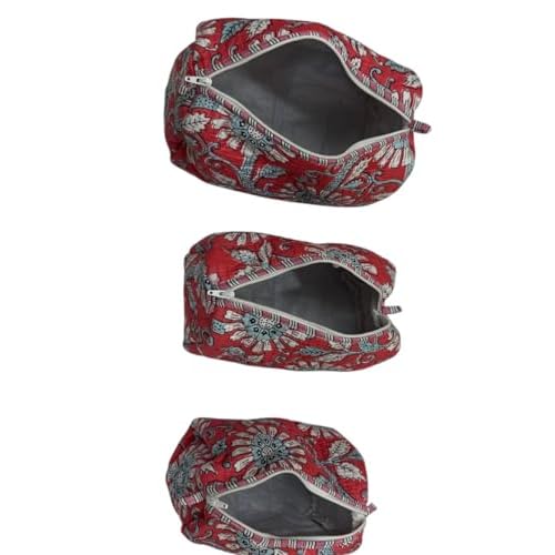 Cotton Hand Block Floral Print Toiletry Bag for Women, Makeup Cosmetic Organizer, Travel Accessories Set of 3 (floral-red)