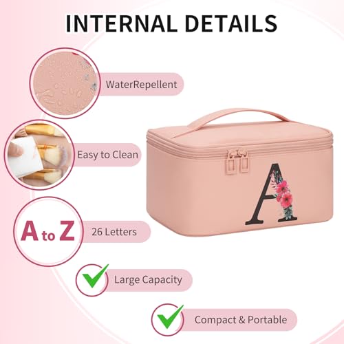 OCHEAL Initial Makeup Bag,Monogram Make up Bag Pink Travel Makeup Organizer Case Beauty Toiletry Cosmetic Bag with Brush Holder, Trendy Stuff Personalized Gifts for Women and Girls-A