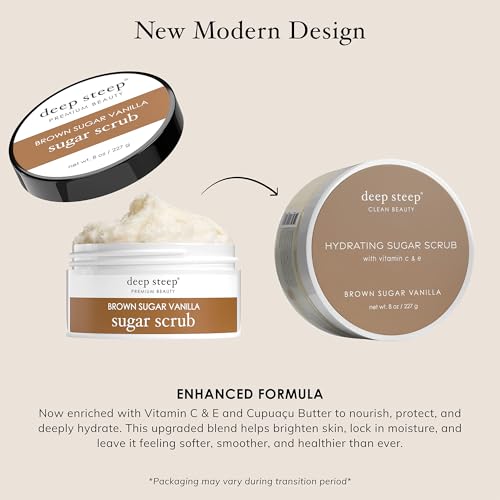 Deep Steep Sugar Scrub, Brown Sugar Vanilla, 8 oz ? Exfoliating Body Scrub with Organic Coconut Oil, Shea Butter & Argan Oil ? Vegan, Clean Beauty, Smooth, Soft & Nourished Skin