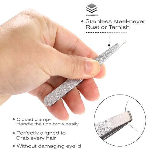 4-Pcs Glitter Stainless Steel Precision Tweezer Set for Eyebrows, Ingrown Hair & Lash Extensions (Bright Silver)