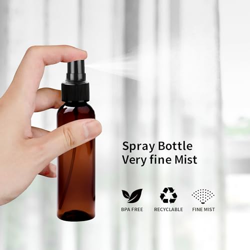 50 Pack 2oz Amber Spray Bottles Plastic, Fine Mist Small Spray Bottles Bulk, Empty Plastic Amber Sprays Bottle Reusable for Cosmetic with 3 Funnel, 10 Labels