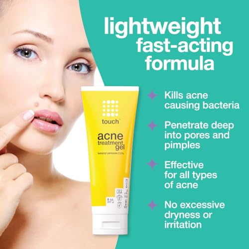 Touch Benzoyl Peroxide 2.5% Gel Cream For Acne - Pimples and Cystic Acne Spot & Daily Face and Back Medication for Adults & Teens ? Goes on Clear Lightweight & Non-Drying - Large 8 oz.