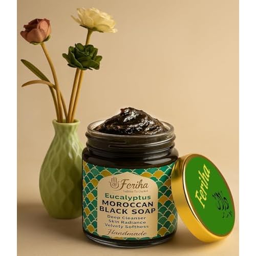 FERIHA Moroccan Black Soap Hammam with Eucalyptus ? Exfoliating Beldi Spa Paste, Natural Olive Cleanser, Body Scrub & Deep Skin Cleanser ? 7oz (Made in Morocco)