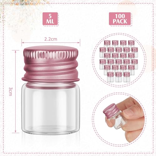 Tessco for you 100 Pcs 5 ml Mini Glass Bottles with Aluminum Cap Tiny Jars Mini Glass Jars Small Clear Vials with Screw Caps Tiny Containers for DIY Craft Storage (Rose Gold)