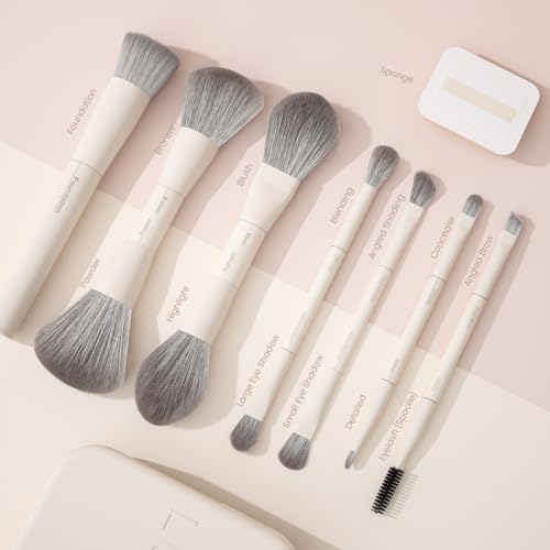 LULUCOLORS-Dual-Ended Makeup Brush Set with Sponge & Travel Case-13 Kinds of Multi-Functional Brushes for Face & Eyes ? Soft Bristles, Easy Travel Brush Set (Cream White)