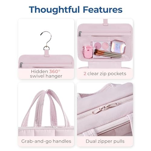 BAGSMART Travel Toiletry Bag with Jewelry Organizer, Hanging Travel Bag for Toiletries, Puffy Makeup Cosmetic Bag Organizer, Carry-on Travel Accessories Essentials, Pink-L