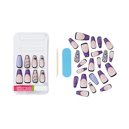 KISS Voguish Fantasy Halloween Press On Nails, ¡®Moonlit Magic¡¯, Purple, Long Coffin, Glow In The Dark Effect, Matte Finish, Pink Gel Nail Glue (2g), 28 Fake Nails