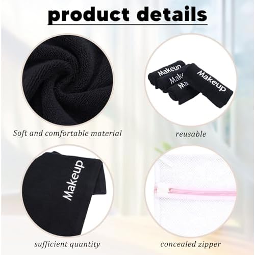 24 Pack Makeup Remover Towels Cotton Cosmetic 13x13 Inch Facial Cleansing Makeup Towels Soft Washcloths with Mesh Bag for All Skin Types Care Black