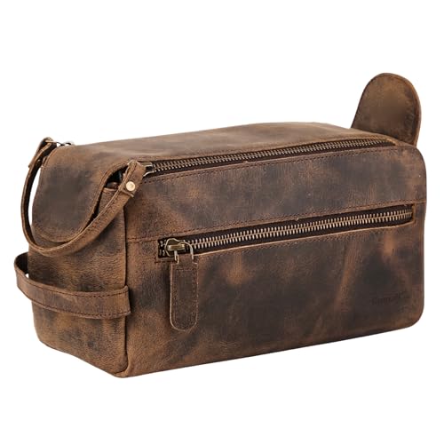 KomalC Premium Buffalo Leather Toiletry Bag for Men & Women With Water resistant Lining, Grooming Travel Pouch, Unisex Wash Bag for Toiletries, Gifts for Men and Women