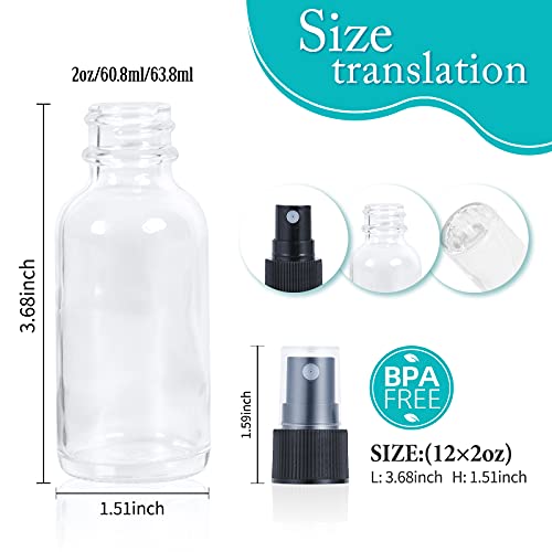 2oz Glass Spray Bottle, Fine Mist Boston Glass Bottles with Black Fine Mist Sprayer Small Clear Bottles for Essential Oils, Bath, Beauty, Hair & Cleaning, Clear, Pack of 12