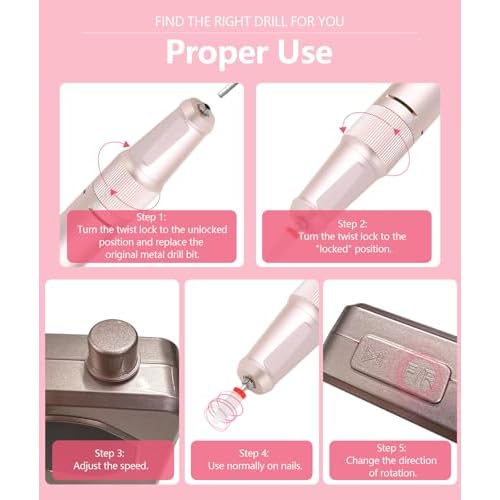 Professional Nail Drill High Torque 35000 RPM Rechargeable Portable Electric Nail File Filer for Acrylic Gel with Cuticle Bits, Salon Manicure Tool, Rose Gold