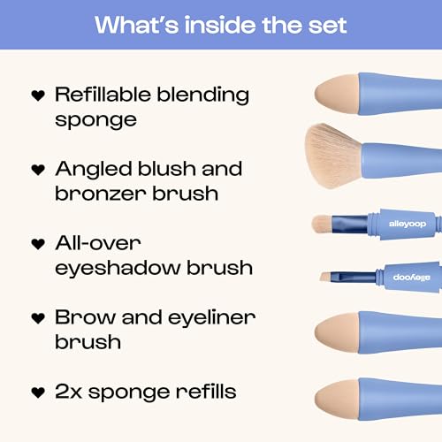 Alleyoop Multi-Tasker 4-in-1 Travel Makeup Brush Set ? Compact Makeup Brushes with Blending Sponge, Eyeshadow, Eyebrow & Liner, Blush & Bronzer Brush ? Mini Makeup Tools Kit for Women, Vegan