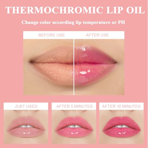 3 Pcs Color Changing Lip oil from Clear to Pink, Magic Temperature Color Change Lipstick and Tinted, Moisturizing Non-Sticky Glossy Shine Lip Gloss
