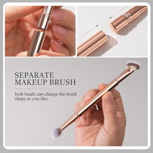 BEILI Travel Eye Makeup Brushes Set 8pcs Removable Double Sided Makeup Brush with Mirror Box & Removal Cleaner Sponge (Rose Gold)