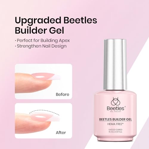 Beetles HEMA-Free 15ml Gel Top Coat and Builder Gel for Nails with Nail Brush, Low Heat Hypoallergenic Clear 8 in 1 Builder High Shine Long Lasting No Wipe Top Coat Nail Polish