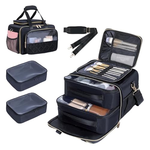 Large Makeup Bag for Women, Travel Toiletry Bag with 2 Removable Pouches, Wide-Open Design for Toiletries, Cosmetics, Brushes & Beauty Tools (Black)