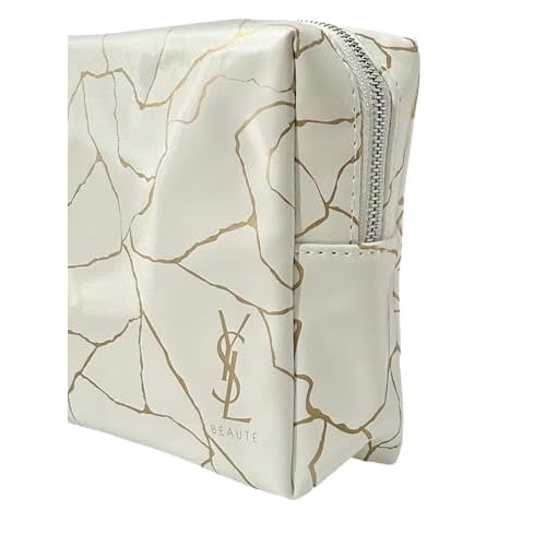Yves Saint Laurent YSL Cosmetic White Gold Marble Zip Pouch Makeup Bag YSL Fragrance Bag (5.5L X 5H X 2W) - SMALL