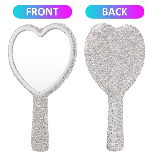 Baluue Rhinestone Heart Shaped Handheld Mirror Portable Bling Cosmetic Vanity Mirror Compact Travel Makeup for Women