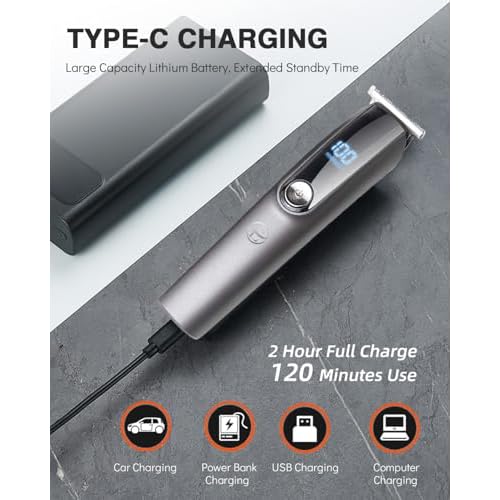 Beard Trimmer for Men - 5 in 1 Kit Electric Razor, Nose Hair Trimmer with LED Display, Cordless Mustache Body Face Grooming Kit, Rechargeable Beard Shaver (Aluminum)