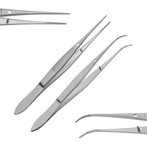 Splinter Forceps - Fine Point - Tweezers Stainless Steel Straight & Curved (Set of 8 Pcs W Magnifying Glass)