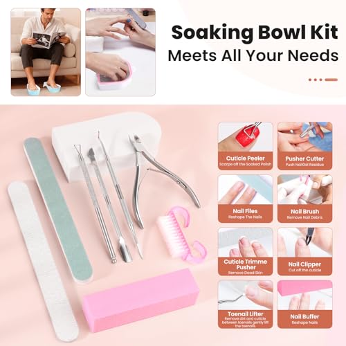 Hand Toe Nail Soaking Bowl: 12PCS Large Size Hand & Foot Nail Soak Off Bowl for Nail Lovers - Acetone Proof Toe Soaking Tray with Manciure Pedicure Tools for Dip Powder Gel Polish Remover(Pink, Clear)