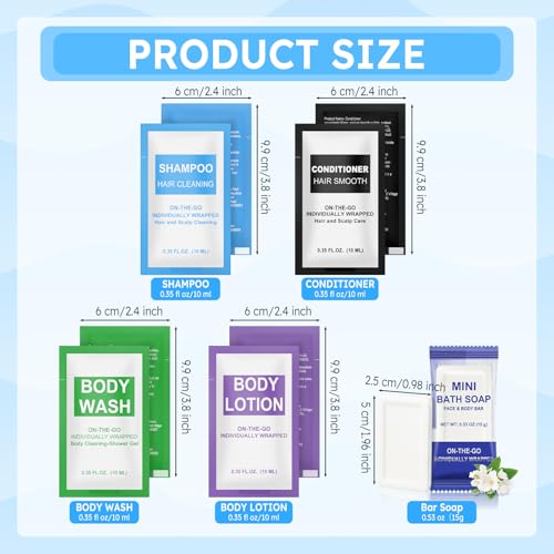 100 Pcs 5-IN-1 Hotel Soaps and Toiletries Bulk Set,5-Piece Set 0.35 oz each Packets Shampoo,Conditioner, Body Wash and Lotion,0.53 oz Soap Mini Travel Size Toiletries Supplies kit for Guests,Homeless