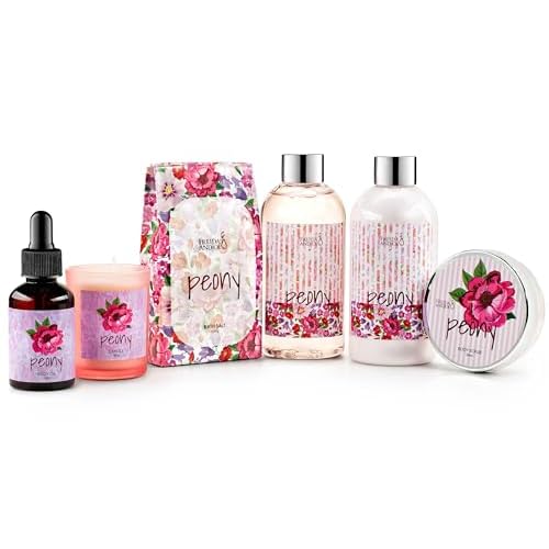 Bath and Body Gift Set for Women with Shower Gel, Body Lotion, Body Scrub, Body Oil, Bath Salt, and Scented Candle ? Perfect Spa Gift (Peony Floral) ? Mother's Day Gift for Mom