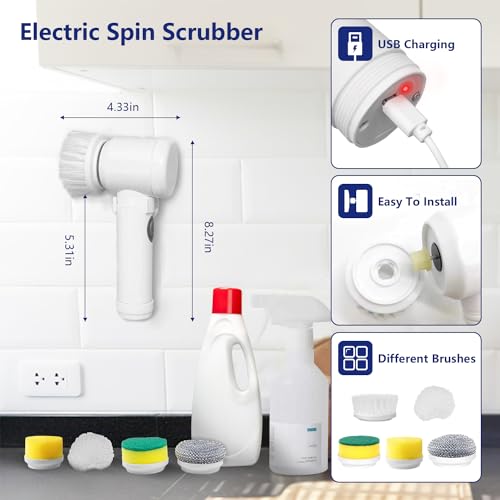 Electric Cleaning Spin Scrubber with 3 Brush Heads, Cordless Powerful Cleaning Brush Household Rechargeable Handheld Shower Cleaner Brush for Bathroom Wall Tiles Floor Bathtub Kitchen.