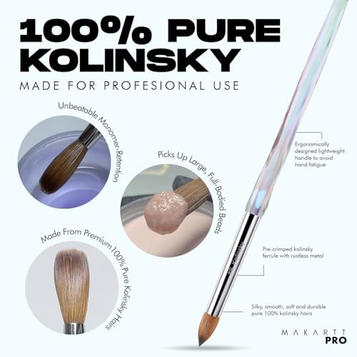 MakarttPro Kolinsky Crimped Acrylic Nail Brush for Acrylic Powder and EMA Monomer Application, Made for Professional Nail Technicians and Beginner Nail Students, Size #16