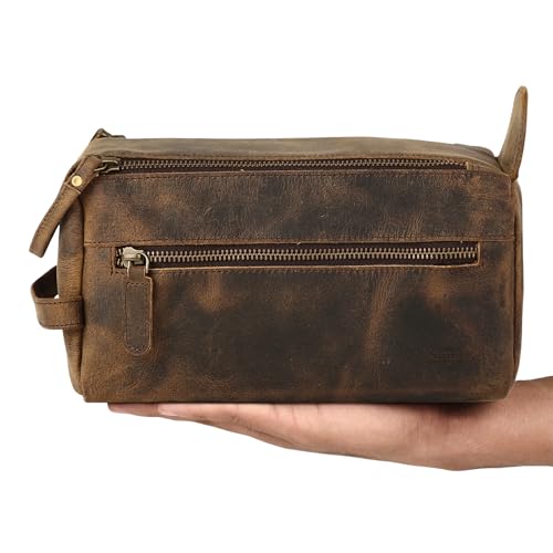 KomalC Premium Buffalo Leather Toiletry Bag for Men & Women With Water resistant Lining, Grooming Travel Pouch, Unisex Wash Bag for Toiletries, Gifts for Men and Women