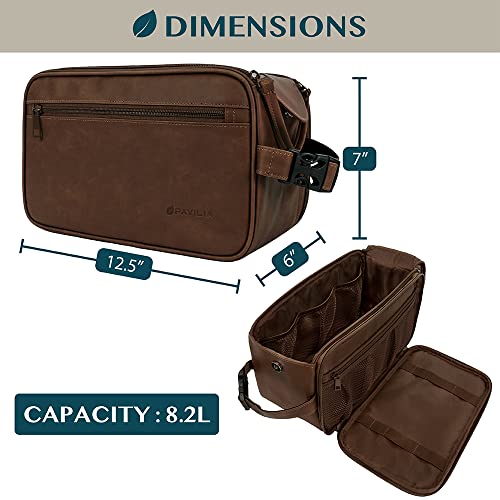 PAVILIA Toiletry Bag for Men, Travel Essentials Shaving Dopp Kit, Mens Travel Bag Toiletries Organizer Case for Grooming, PU Leather Water Resistant Cosmetic Bag Pouch (XL, Dark Brown)