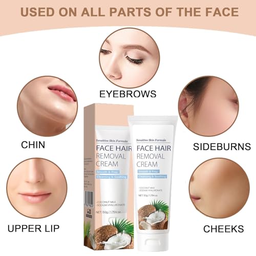 Facial Hair Removal Cream for Women, Coconut Facial Depilatory Cream for Sensitive Skin Hair Remover for Upper Lip and Chin for Face Cleansing & Soothing, Gentle and Non-irritating 1.76 Oz