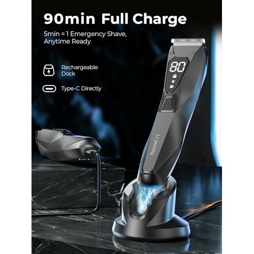 Pubic Hair Trimmer for Man - Cordless Body Hair Trimmer for Men - Electric Ball Shaver with Display & Light - Waterproof Wet/Dry Groomer kit for Groin - 4000K Light - Cosmic Black