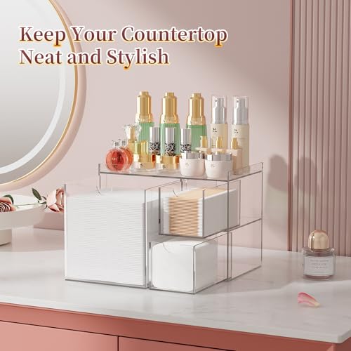 Youdepot Acrylic Face Towel Holder with Drawer ? 4-Layer Disposable Face Towel Holder Organizer Box ? Bathroom Countertop Storage for Cotton Pads, Swabs, and Skincare(Clear)