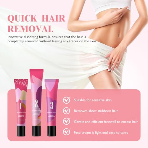 Gentle Facial Hair Removal Cream for Women, Painless Hair Removal Kit with Cream & Smoothing Gel & Soothing Lotion, Soothing Hydrating Facial Depilatory Cream for Sensitive Skin