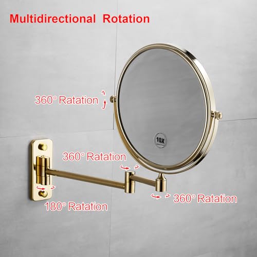 Gold 1x10x Double Sided Magnifying Bathroom Makeup Mirror 360 Degree Swivel Mirror Adjustable Telescopic Arm Wall Mount 8 Inch Non-Illuminated Beauty Mirror Shaving Mirror£¨Square Base£©